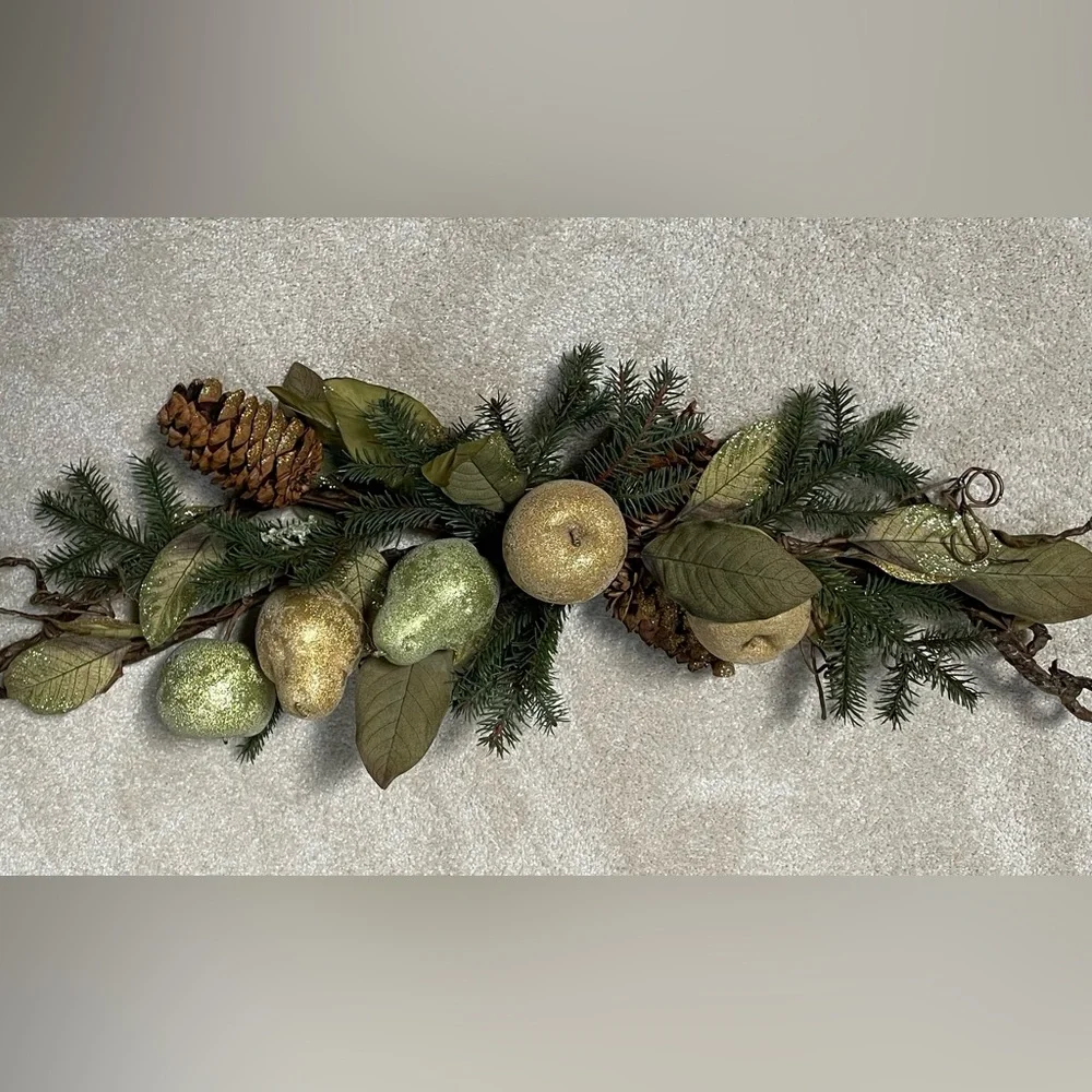 Magnolia Glittered Faux Pine Cone and Fruit Holiday Swag with Grapevine Hanger
